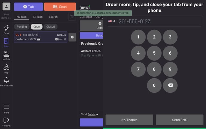 Guest Enters Number to Accept Easy Tab