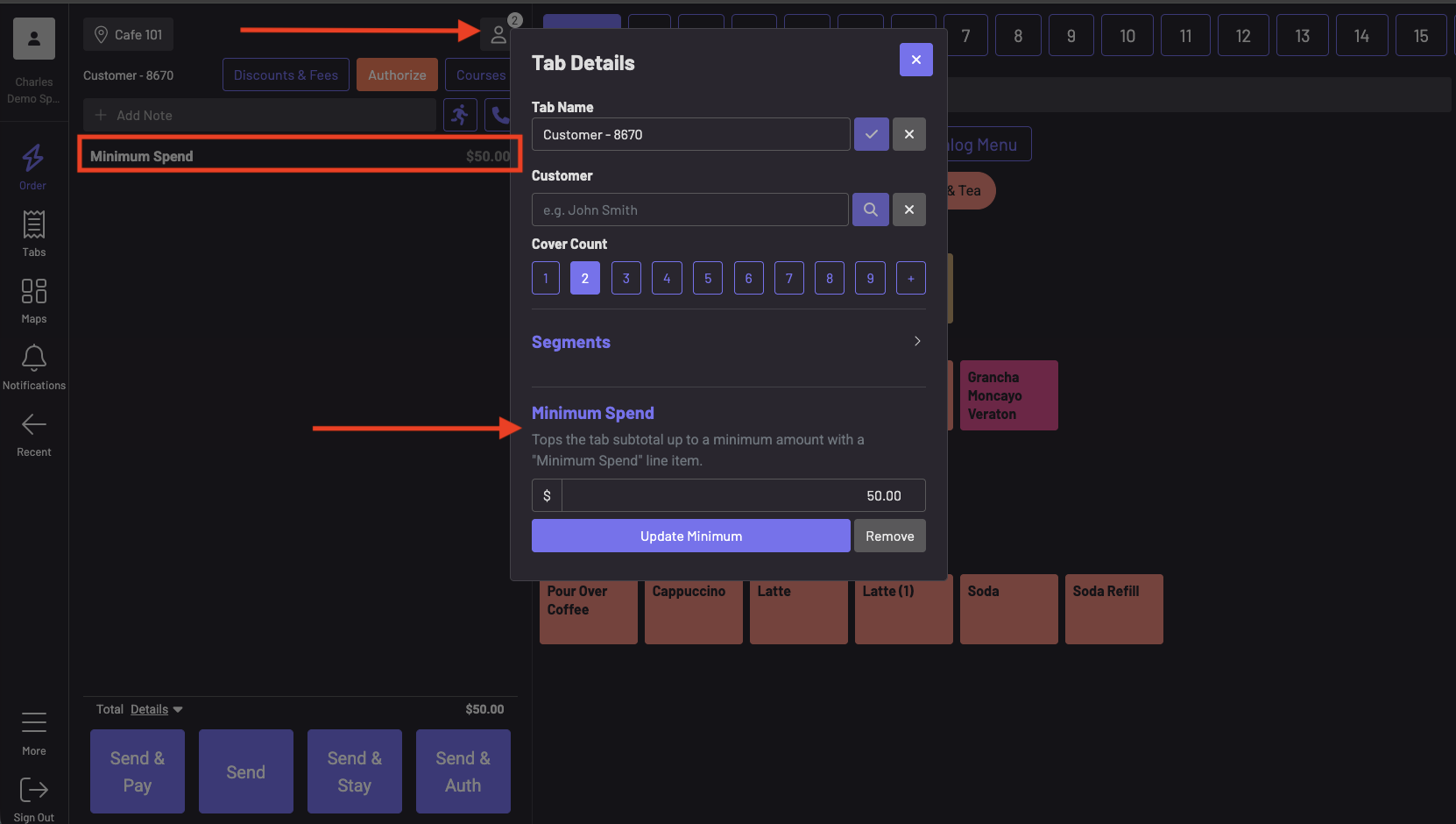 The Minimum Spend section in Tab Details with a $50.00 minimum set, and the Minimum Spend line on the tab