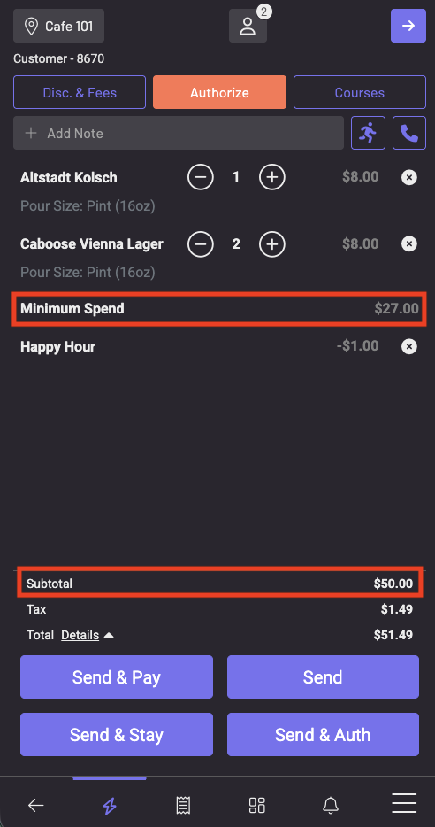 A tab with $23 of items after a Happy Hour discount, a $27.00 Minimum Spend line, and a $50.00 subtotal