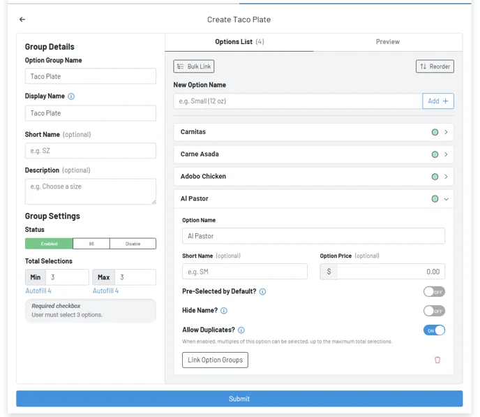 Multi Options Setup