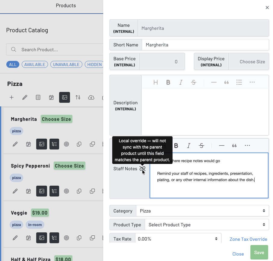 Edit Product drawer at a child location: Name, Base Price, Display Price, and Description are locked and labeled INTERNAL, and Staff Notes shows the local override icon and tooltip