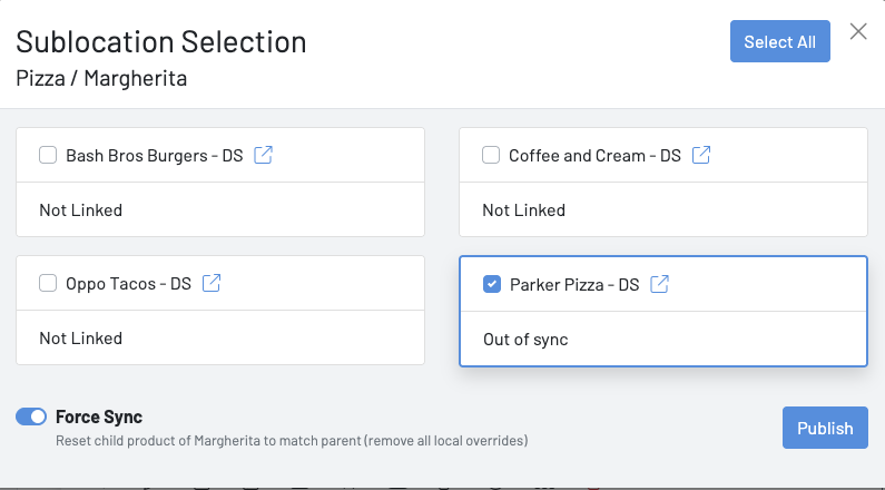 Sublocation Selection window opened from a single product (Pizza / Margherita), with one location selected and Force Sync turned on