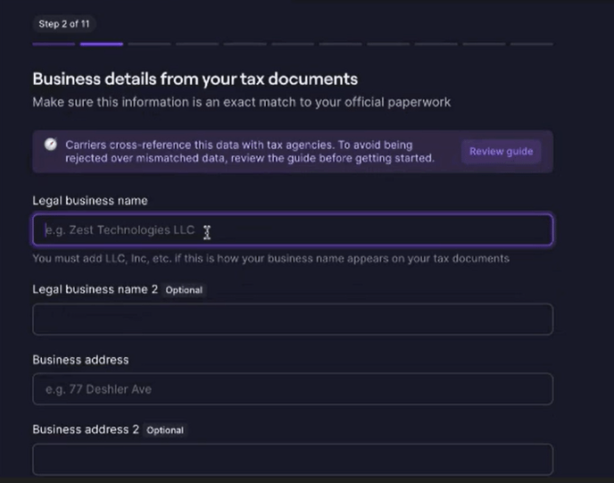 OP Registration Step 2 Legal Business Name