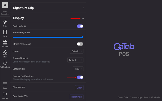 POS Display Settings Receive Notifications