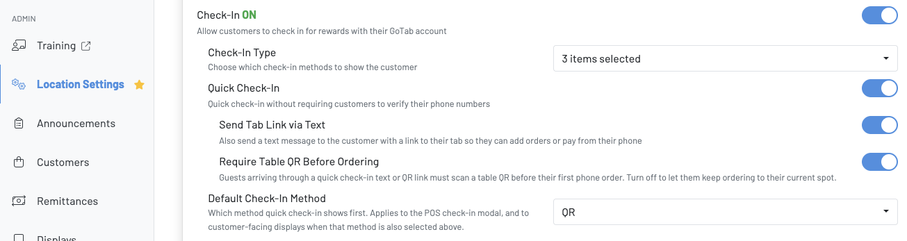 The Check-In settings in Location Settings with Quick Check-In, Send Tab Link via Text, and Require Table QR Before Ordering turned on, and QR as the Default Check-In Method
