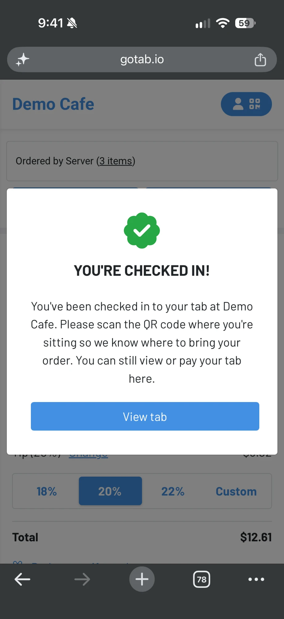 The "You're checked in!" message on the guest's phone, asking them to scan the QR code where they're sitting, with a View tab button