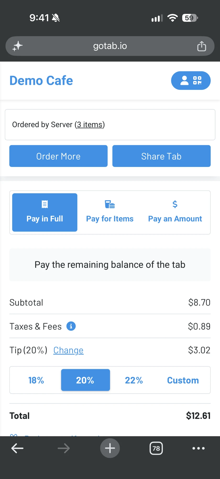 The guest's tab on their phone with Ordered by Server items, Order More and Share Tab buttons, and Pay in Full, Pay for Items, and Pay an Amount options
