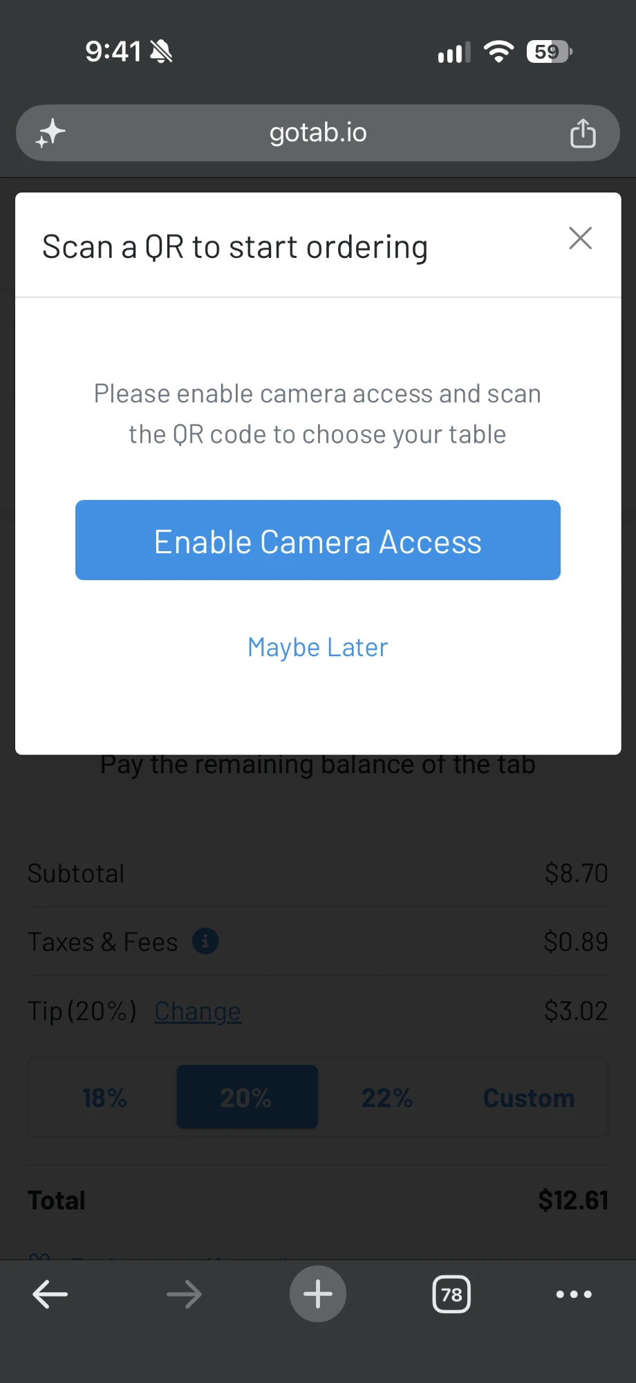 The "Scan a QR to start ordering" prompt on the guest's phone with Enable Camera Access and Maybe Later buttons