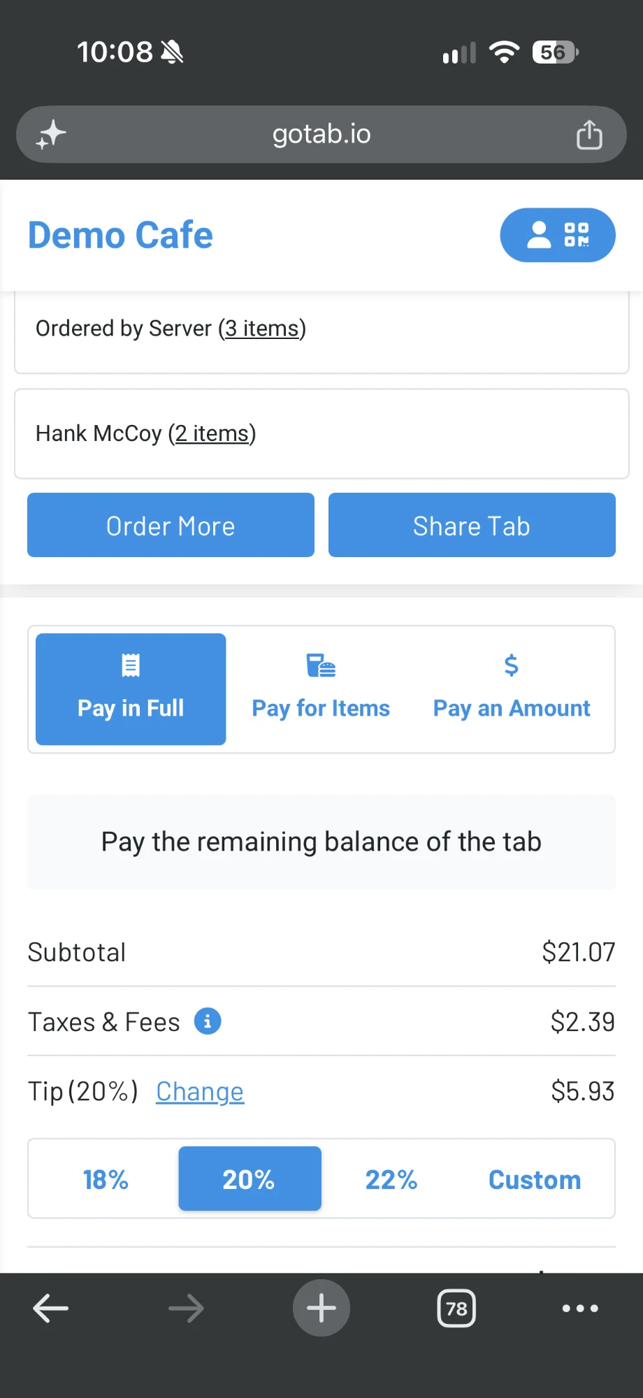 The guest's tab showing both server and phone orders, with Pay in Full selected, a $21.07 subtotal, $2.39 taxes and fees, and a 20% tip