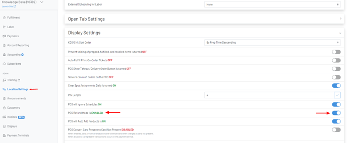 Refund Mode Location Settings