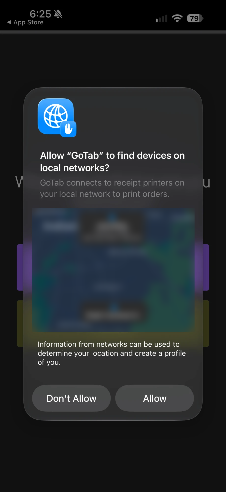 iOS prompt asking to allow GoTab to find devices on local networks