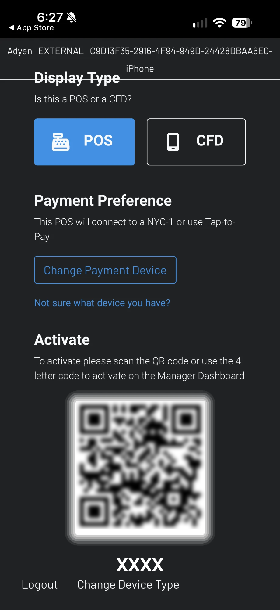 Activation screen with a QR code and a four-letter code shown as XXXX